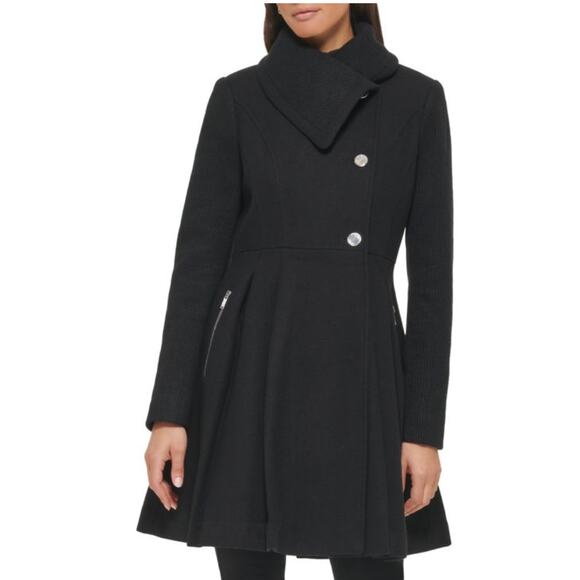 Guess Pleated Wool Blend Flared Coat - Picture 1 of 3